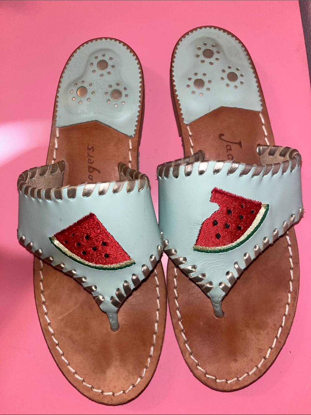 Jack Rogers Light Blue Sandal with Red Watermelon Embroidery